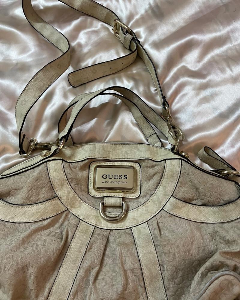 Guess Beige Jacquard Logo Shoulder Bag