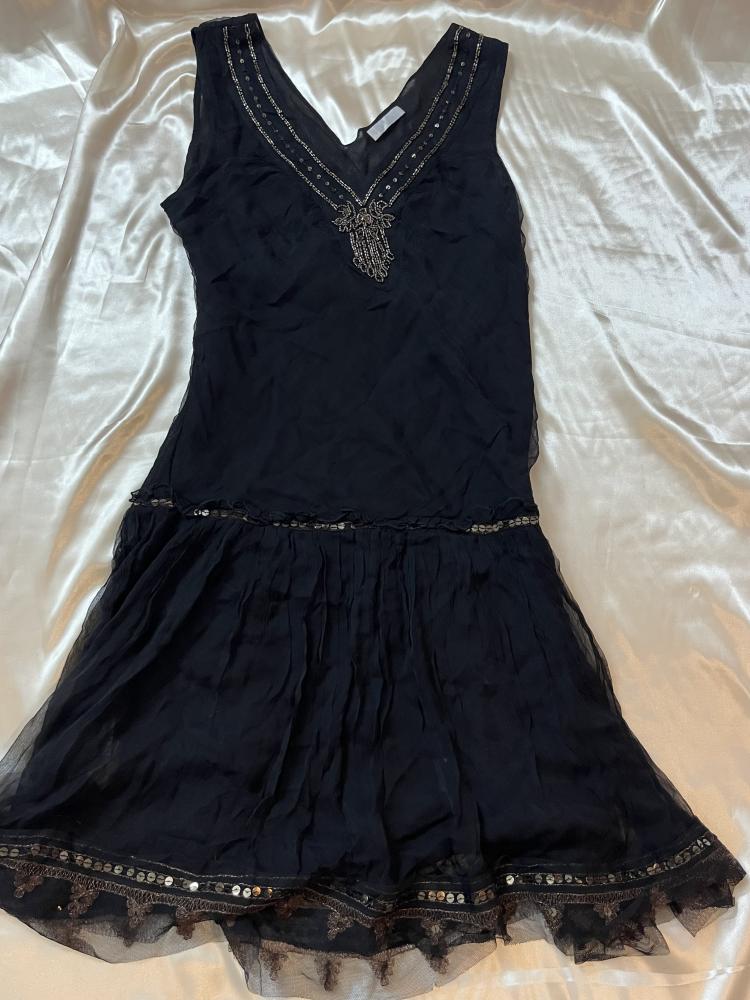 Promod Black V-Neck Dress with Sequins and Lace Trim - Size EU 38 / UK 10 L - see-through