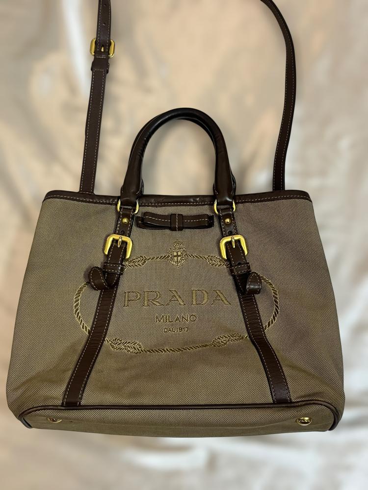 Prada Beige Canvas Tote Bag with Brown Leather Trim