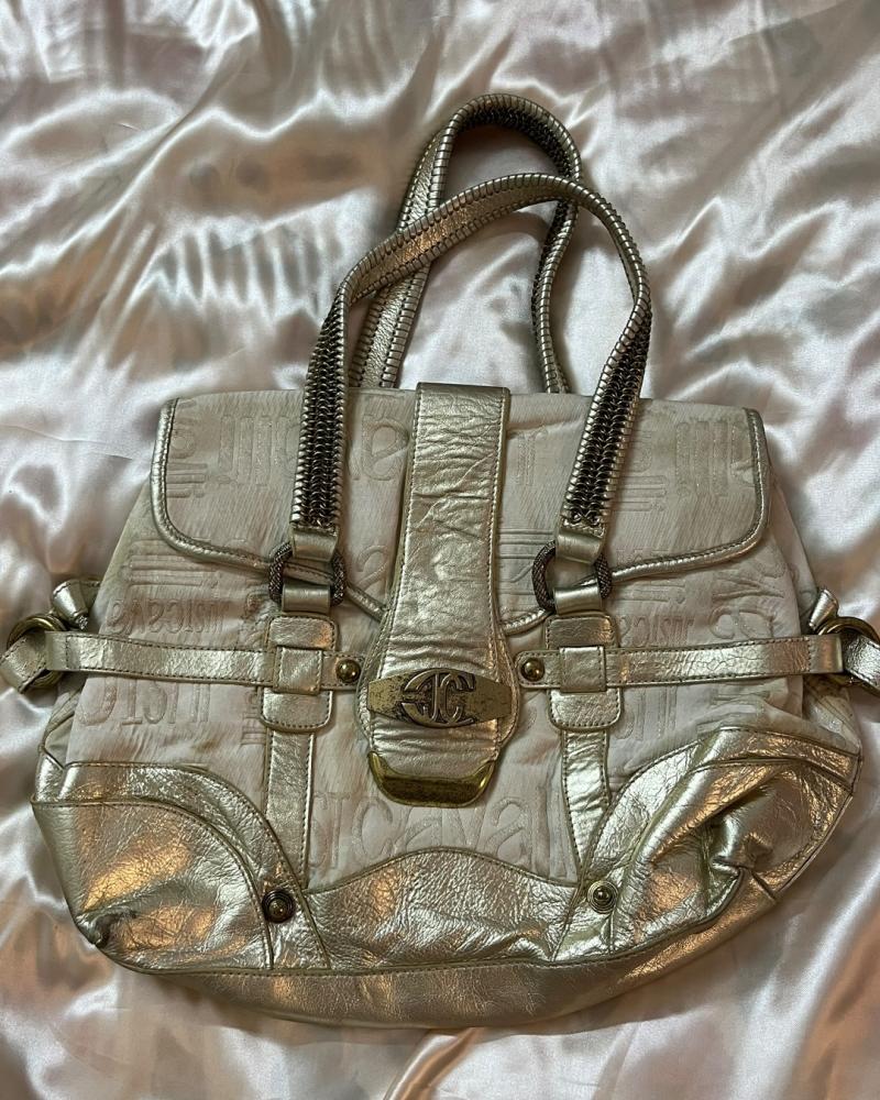Just Cavalli Beige and Gold Logo Print Shoulder Bag