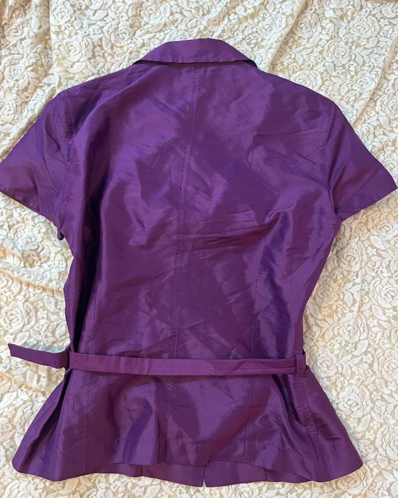 MNG (Mango) Plum Purple Short Sleeve Belted Silk Blouse - Size M (USA) / L (EUR)
