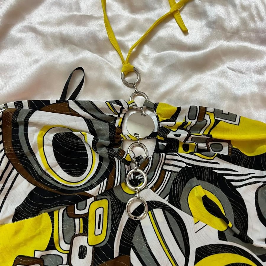 Fantasy Island Yellow and Black Geometric Halter Neck Top - Size L- 3