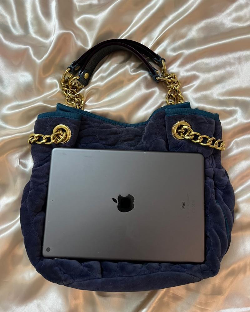 Juicy Couture Navy Blue Velvet Quilted Chain Shoulder Bag