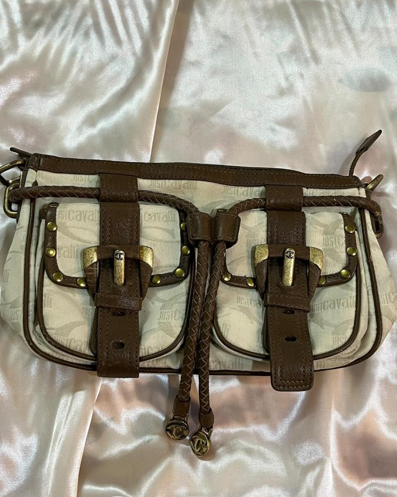 Just Cavalli Beige Logo Canvas & Brown Leather Pocket Shoulder Bag - Authentic Bag with Non-Original Strap