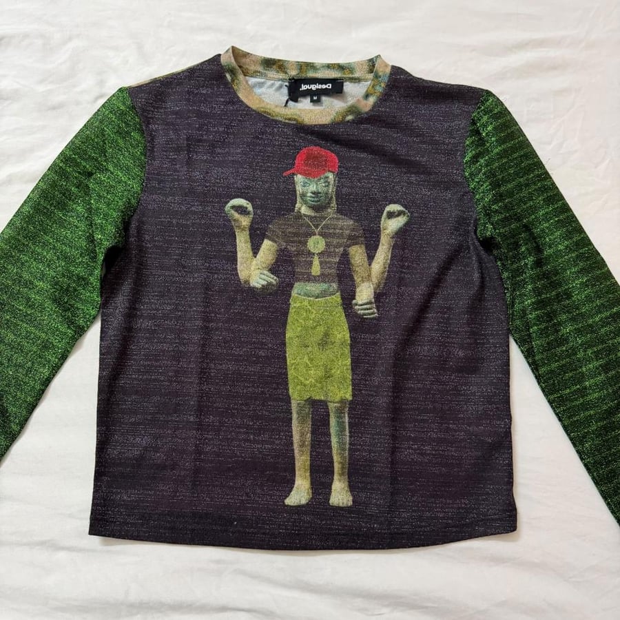 Desigual Graphic Print Long Sleeve Metallic Mesh top size m