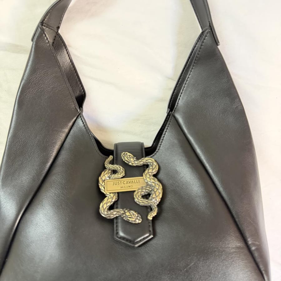 Just Cavalli Milano Black Leather Snake Buckle Shoulder Bag