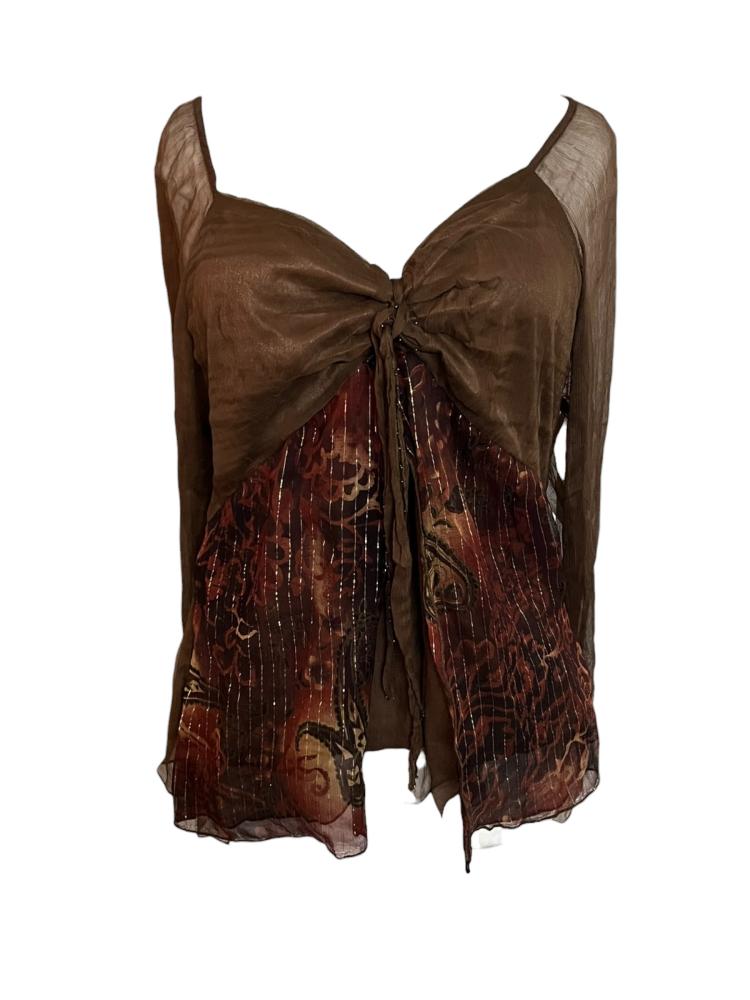 River Collection Brown Mesh and Paisley Print Top - Size 42