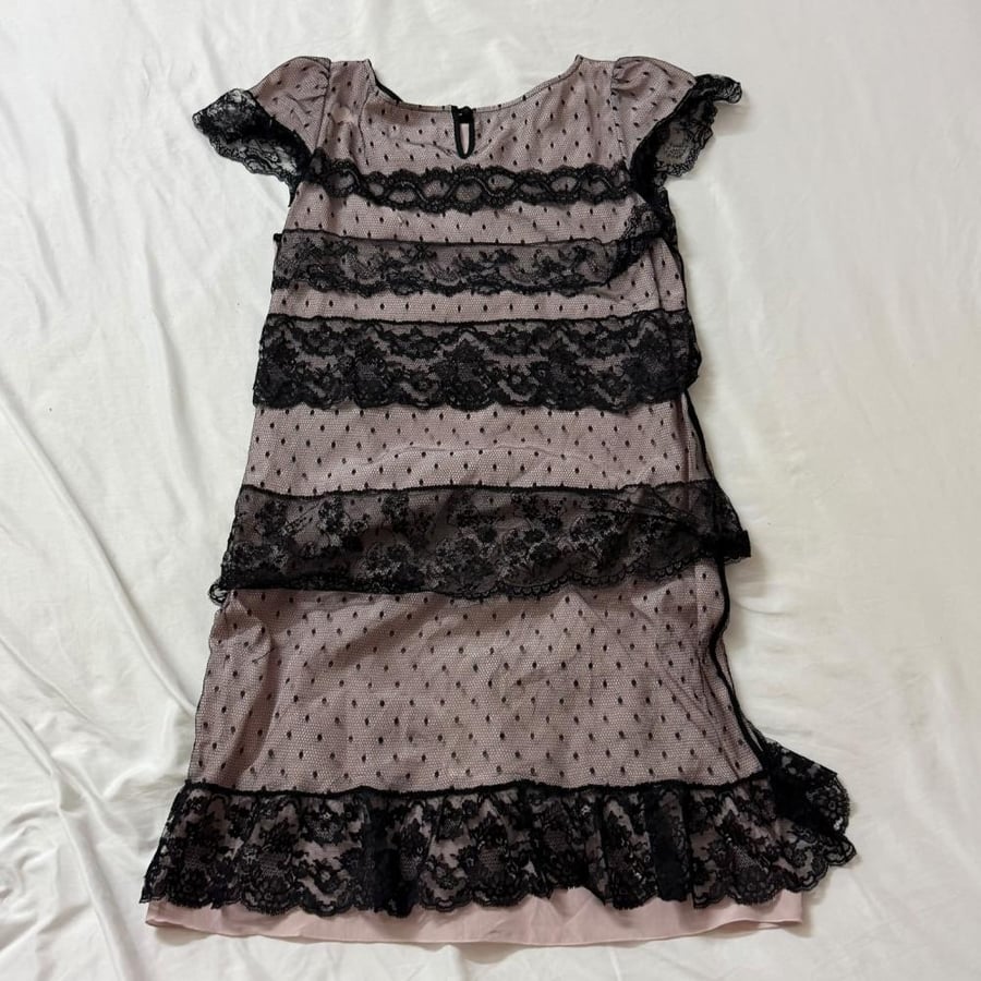 REDValentino Pink Polka Dot Mesh Dress with Black Lace Tiers - Size 42