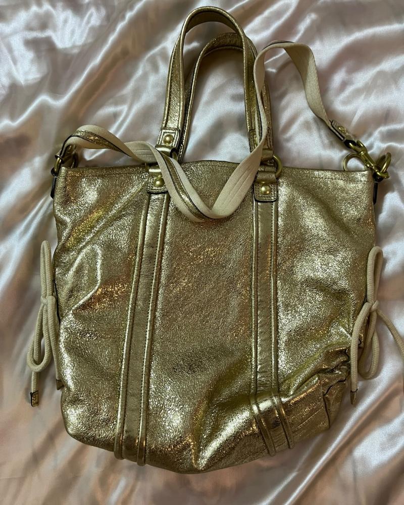 Coach Gold Metallic Leather Poppy Zippered Tote Bag