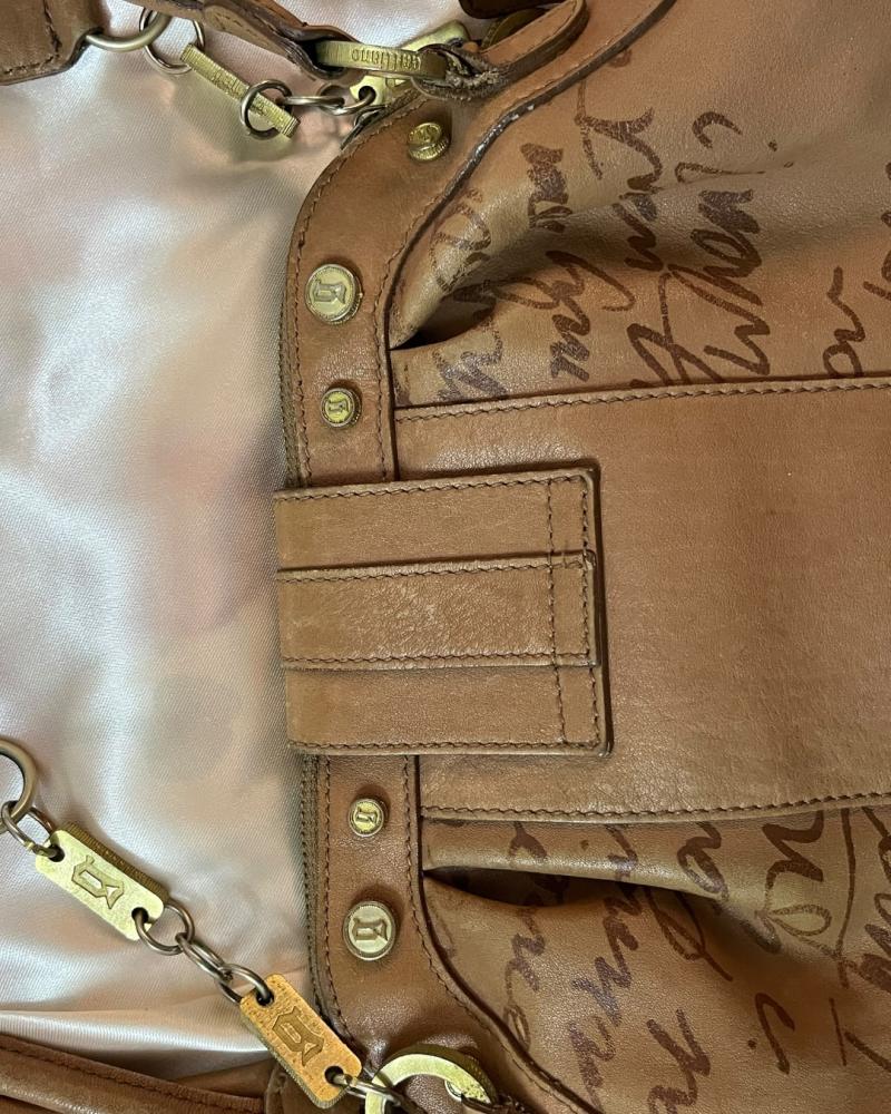 Galliano Tan / Light Brown Leather Graffiti Heart Lock Shoulder Ba