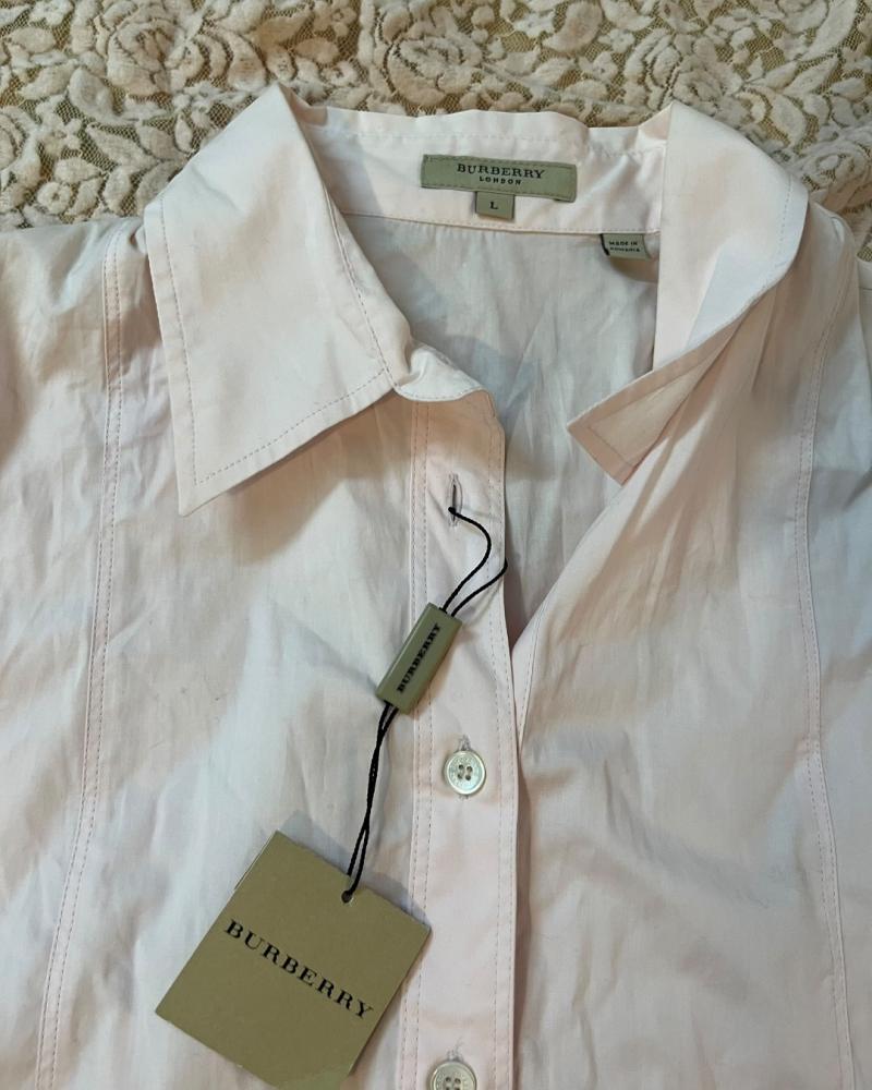 Burberry London Light Pink Short Sleeve Button-Up Tunic Shirt with Pleated Cuffs - Size L
