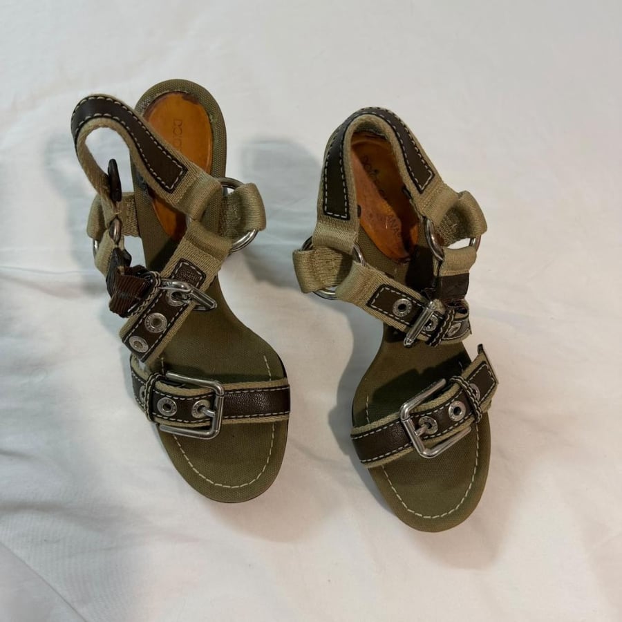 Dolce & Gabbana Olive Green Canvas & Leather Strap Heeled Sandals - Size 40