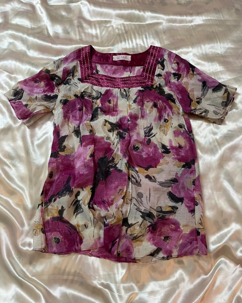 Lianqi Purple Floral Print Short-Sleeve Top - Size L