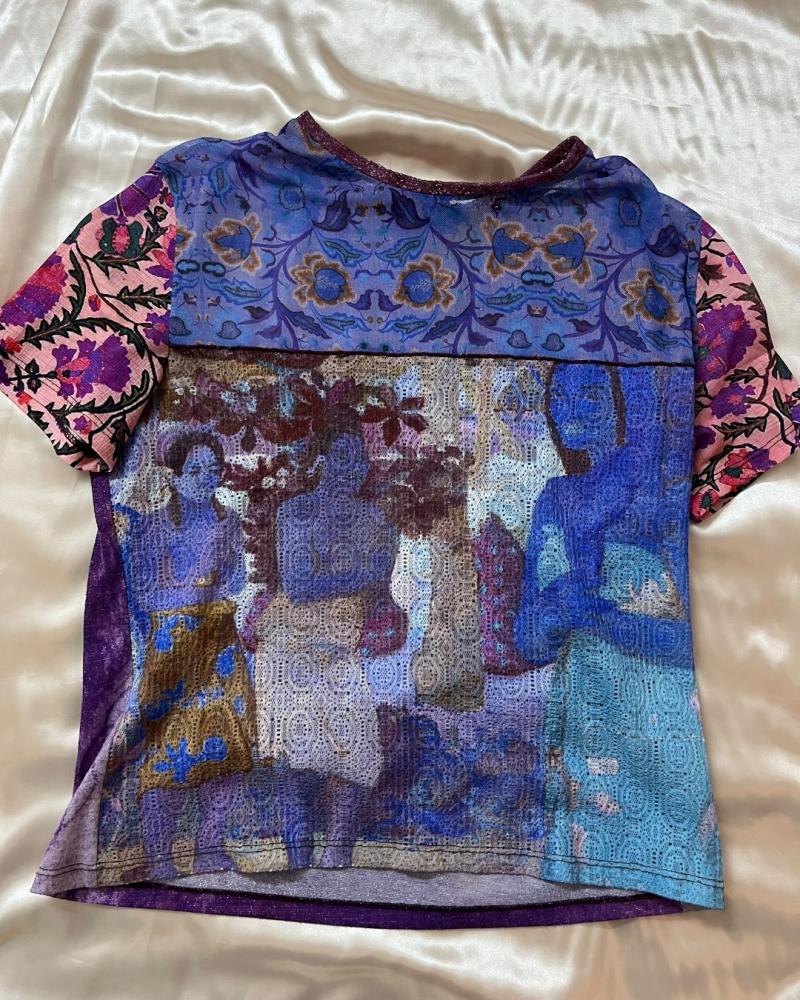 Desigual Multicolor Mesh Graphic Print Short Sleeve T-Shirt - Size M