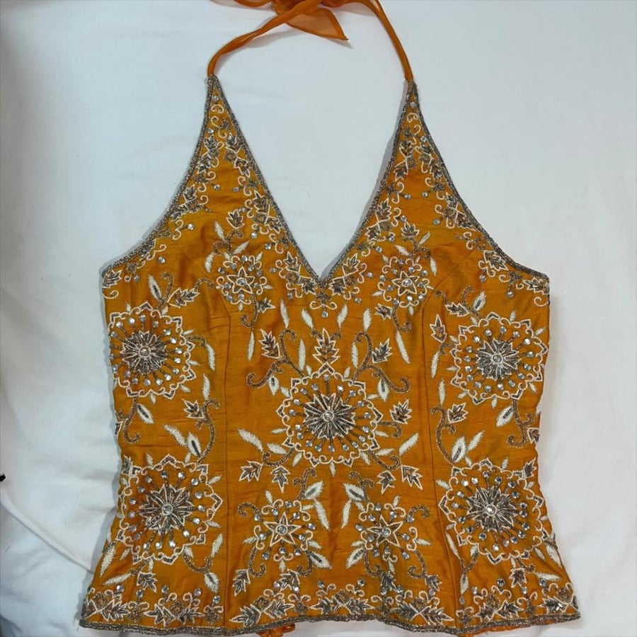 Aftershock Orange Floral Beaded Halter Top - Size L