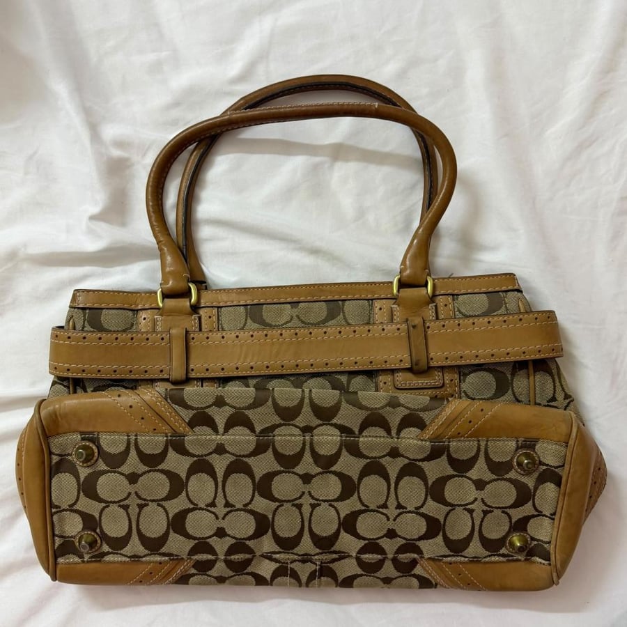 Coach Monogram Brown Canvas Shoulder Bag with Leather Trim and Tassel
