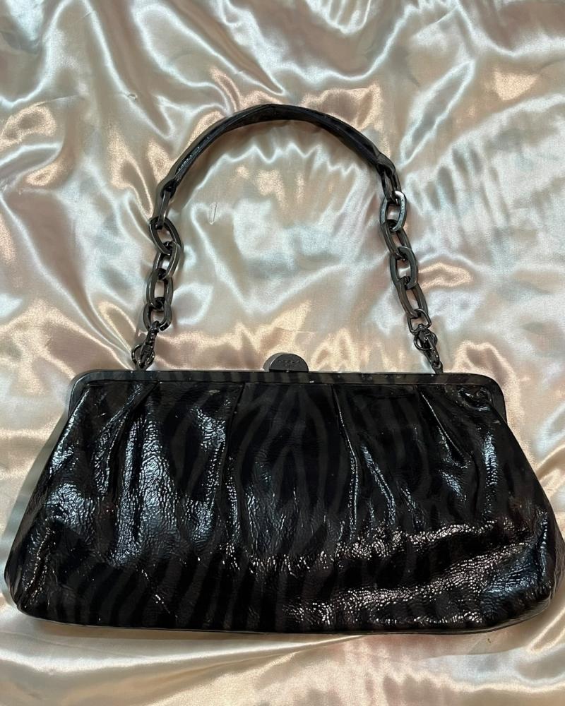 Tosca Blu Black Patent Leather Zebra Pattern Frame Bag with Chain Strap