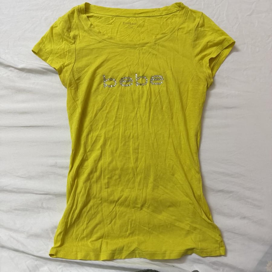 Bebe Yellow Rhinestone Logo Short Sleeve T-Shirt size Xs