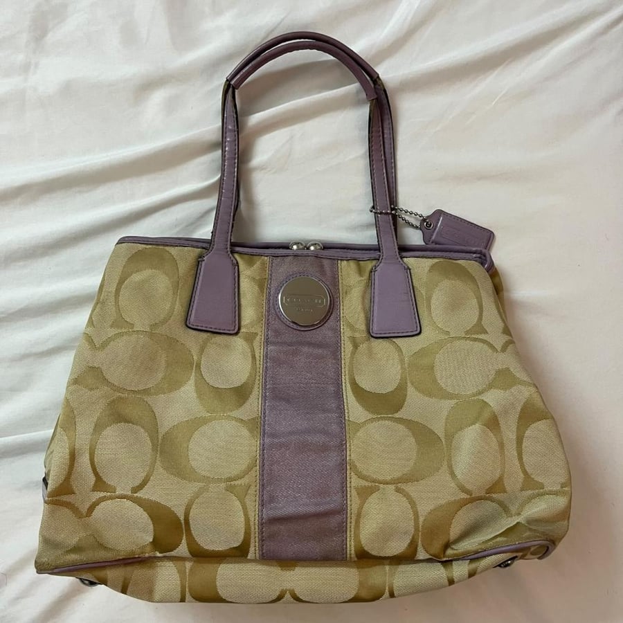Coach Beige Monogram Tote Bag with Purple Detail