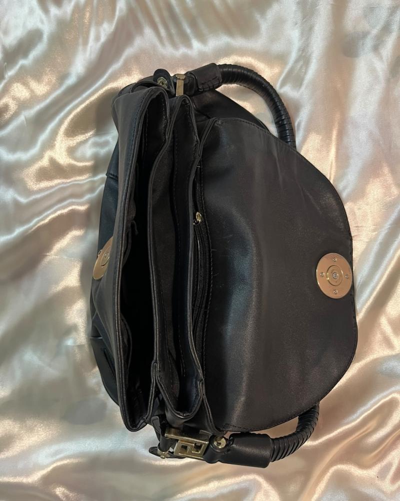 Versace Black Leather Shoulder Bag with Medusa Emblem and Greek Key Border