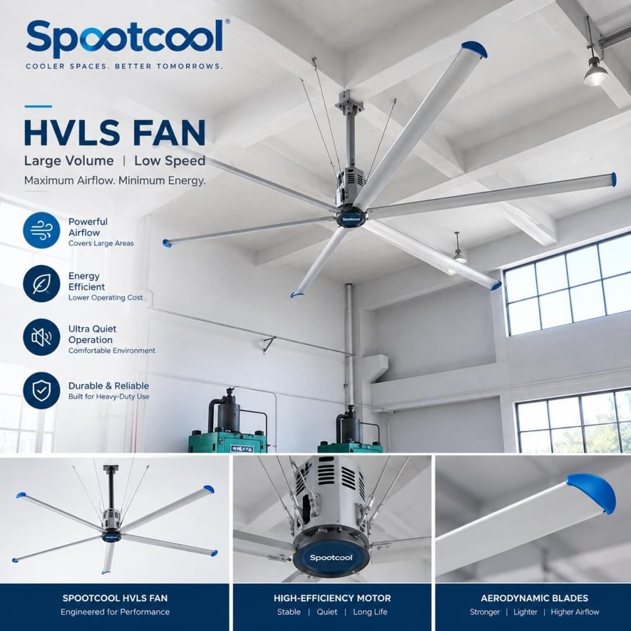 Spootcool – مروحة للمساحات الكبيرة عالية الاداء منخفضة السرعة (HVLS) لتغطية مساحة 700 م²