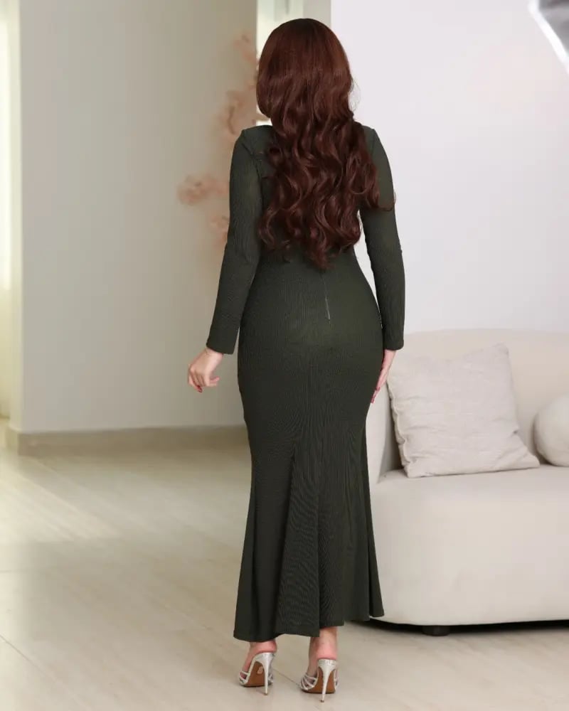 فستان زيتي جورسيه ناعم بأكمام طويلة  | SEASON