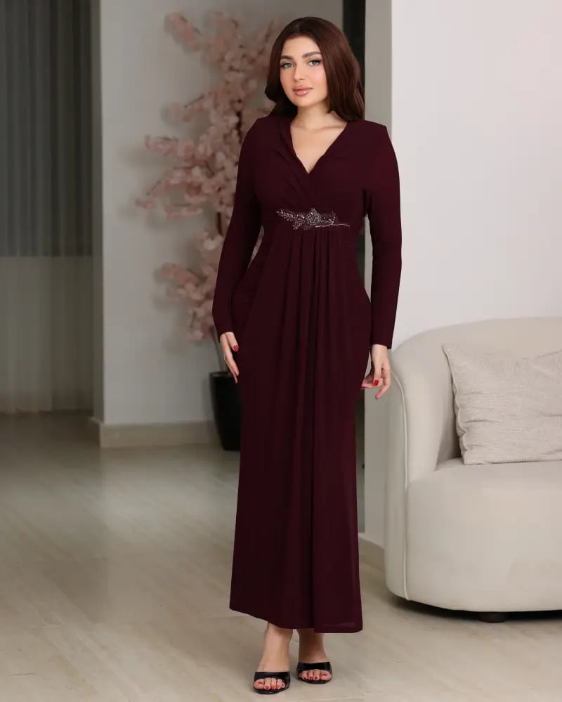 فستان عنابي جورسيه ناعم بأكمام طويلة  | SEASON