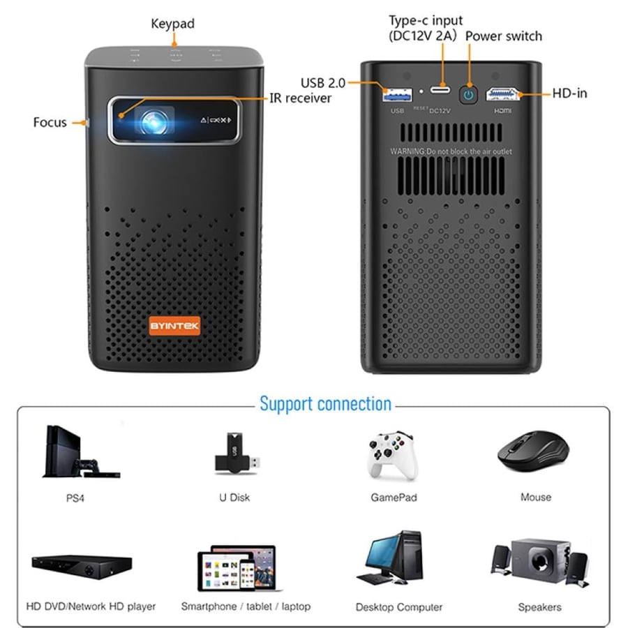 p20 بروجكتر باينتك محمول ذكي (مع حقيبة حماية + حامل ثلاثي + ريموت تحكم + وصلة HD + محول Type C + ماوس هوائي مع كيبورد + فلاش ميموري + مؤشر عروض )