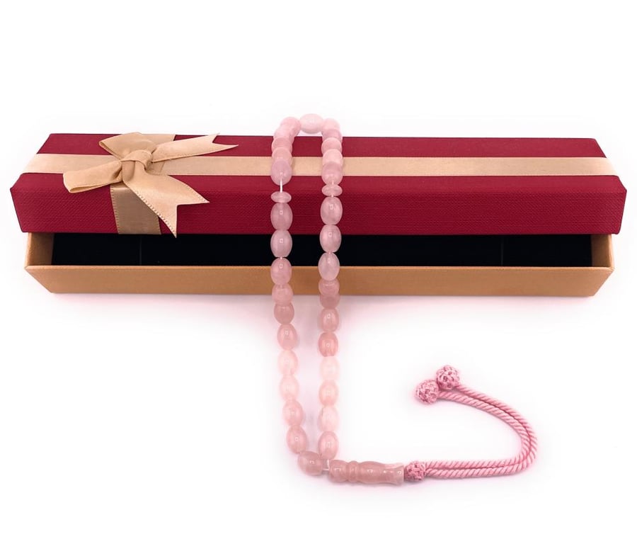 سبحة حجر الكوارتز الوردي (Rose Quartz)