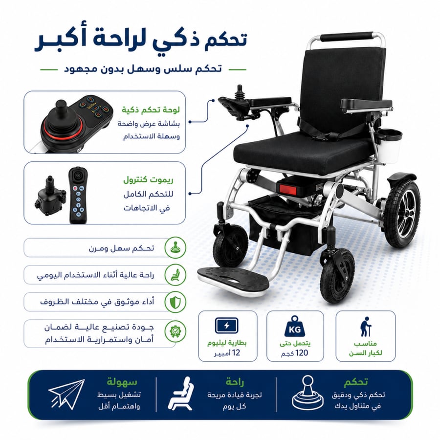 Lightweight, foldable electric wheelchair (Model K007) featuring smart controls and a powerful battery.
