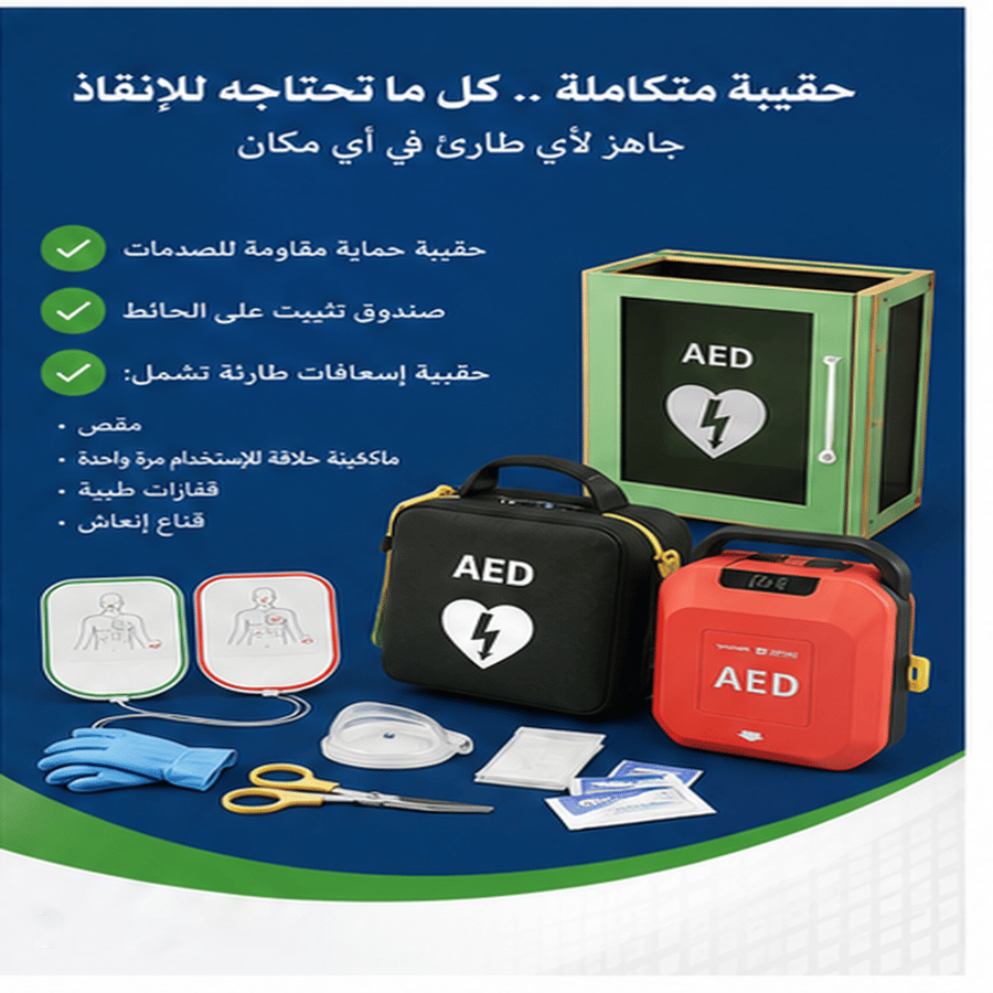 جهاز صدمات القلب الآلي (AED) طراز ALCHeartsave YA المزود بشاشة – جهاز آلي بالكامل مخصص للبالغين والأطفال، يشمل حقيبة حمل وقاعدة تثبيت على الحائط.