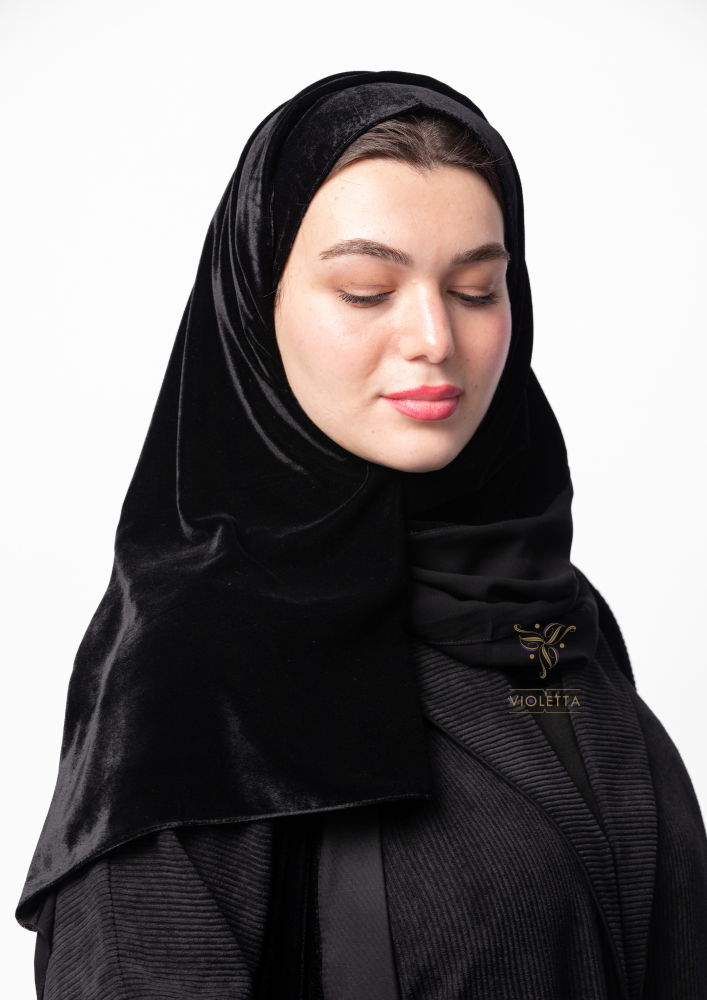 طرحة سوداء  مكس من المخمل والشيفون 7071