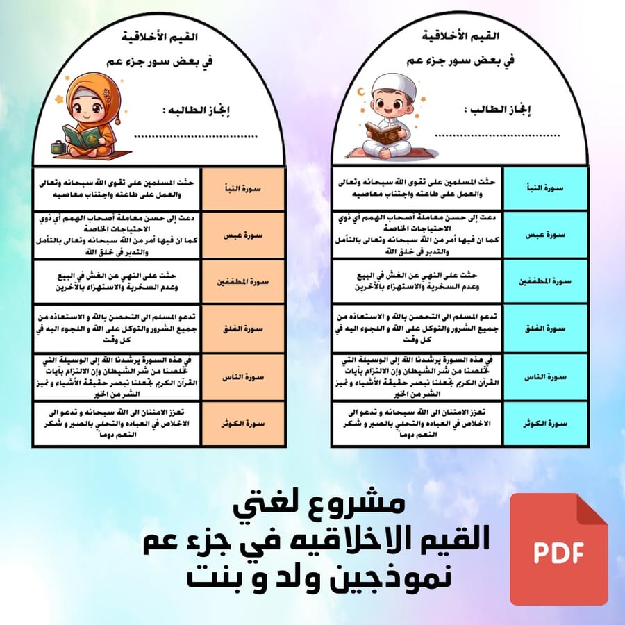 مشروع لغتي القيم الاخلاقية في جزء عم نموذجين ولد و بنت
