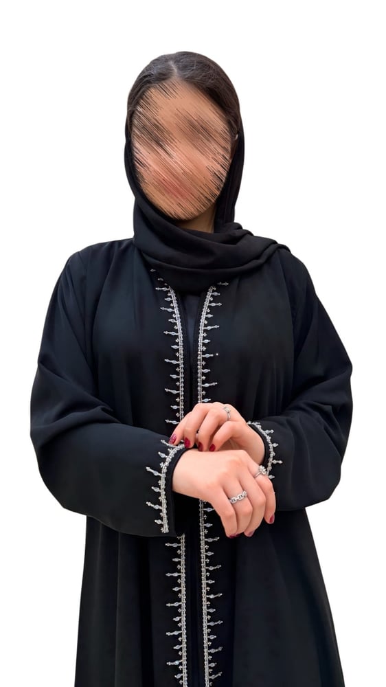 N728-عباية بياقة شك يدوي كرستال فضي مميز وانيق