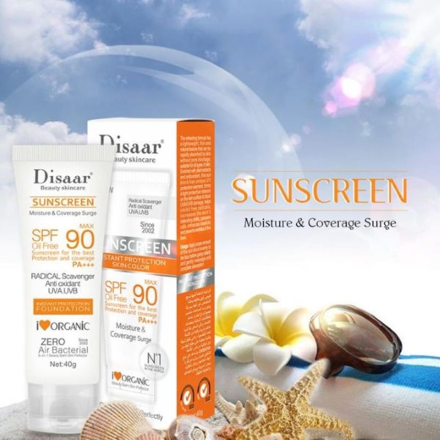 كريم ديسار الواقي من الشمس بعامل حماية 90 لتفتيح البشرة والجسم، 40 غرام - Disaar Max Oil Free Moisture & Coverage Surge Spf 90 Sunblock Cream 40 g