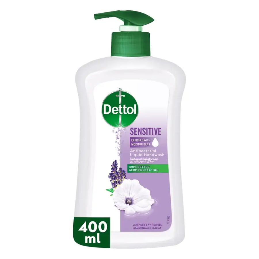 ديتول مضخة غسول اليدين السائل الحساس برائحة اللافندر والمسك الأبيض 400 مل - Dettol Sensitive Liquid Handwash Pump Lavender & White Musk Scent 400 ml