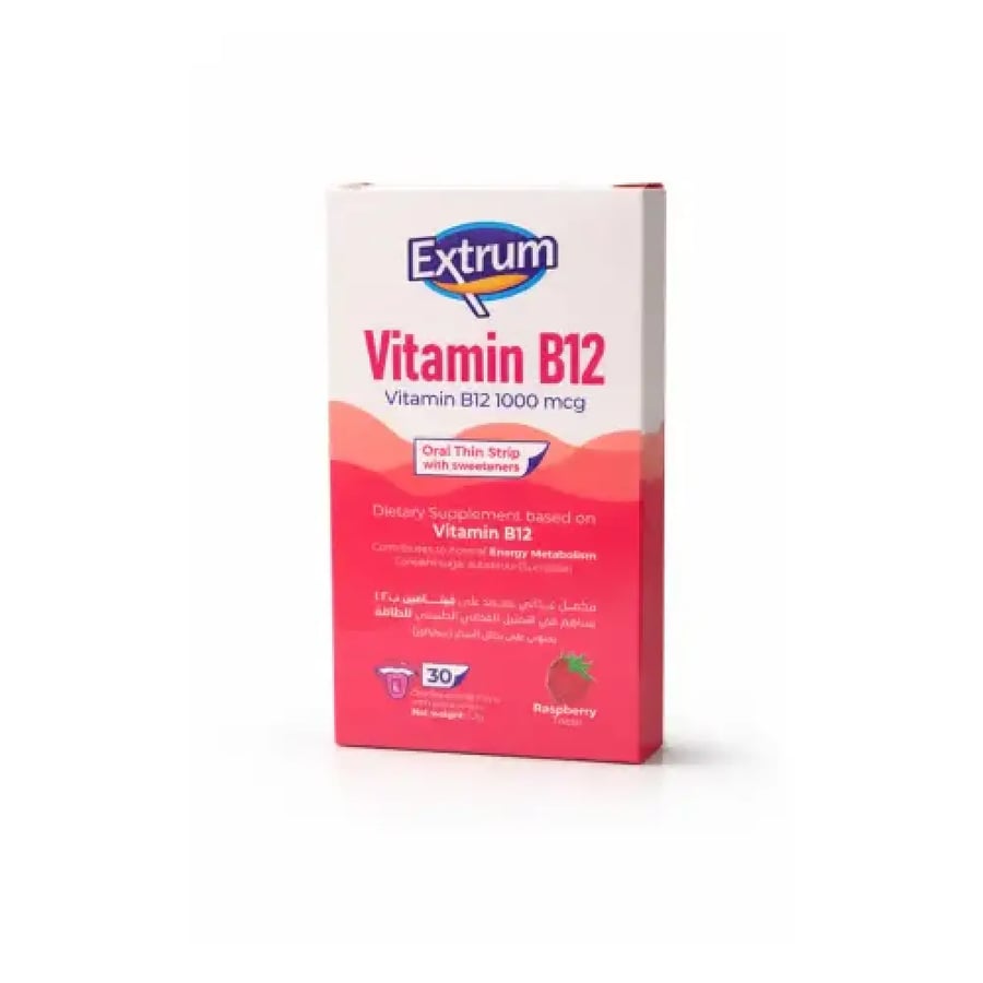 فيتامين ب 12 شرائح رقيقة قابلة للذوبان بالفم بطعـــم التــــوت 30 شريحة - Extrum Vitamin B12 1000 mcg 30 Strip Raspberry Taste