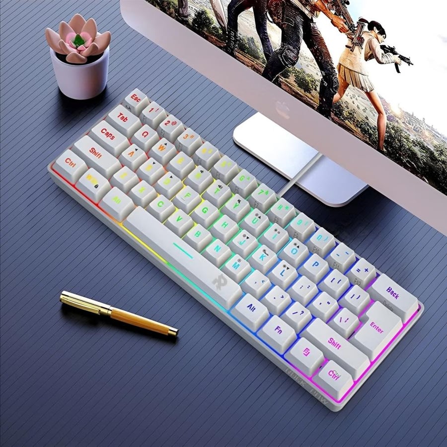 Small white gaming keyboard with RGB lighting