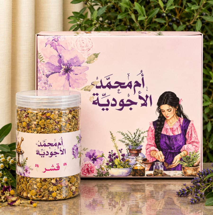 عبوة القشر من أم محمد الأجودية مع علبة مزخرفة بخلاصة زهرية