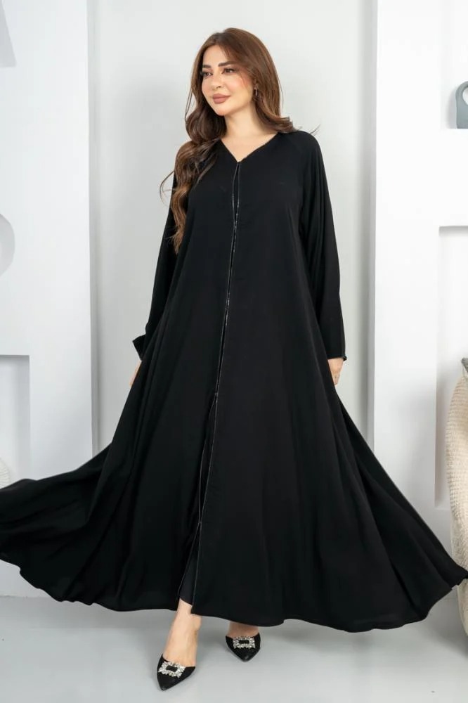 Elegant flared abaya with a decorative belt at the front and on the sleeve