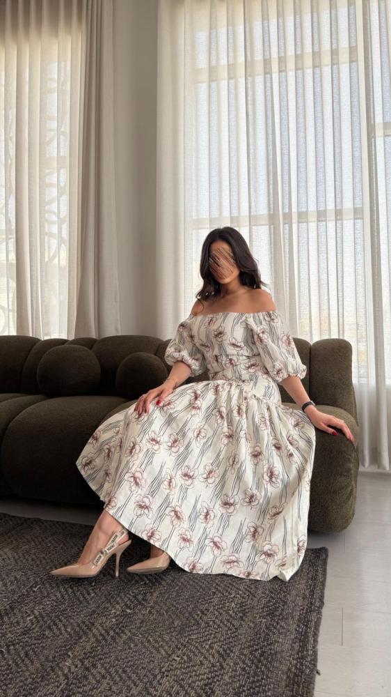Natural linen dress with a floral pattern