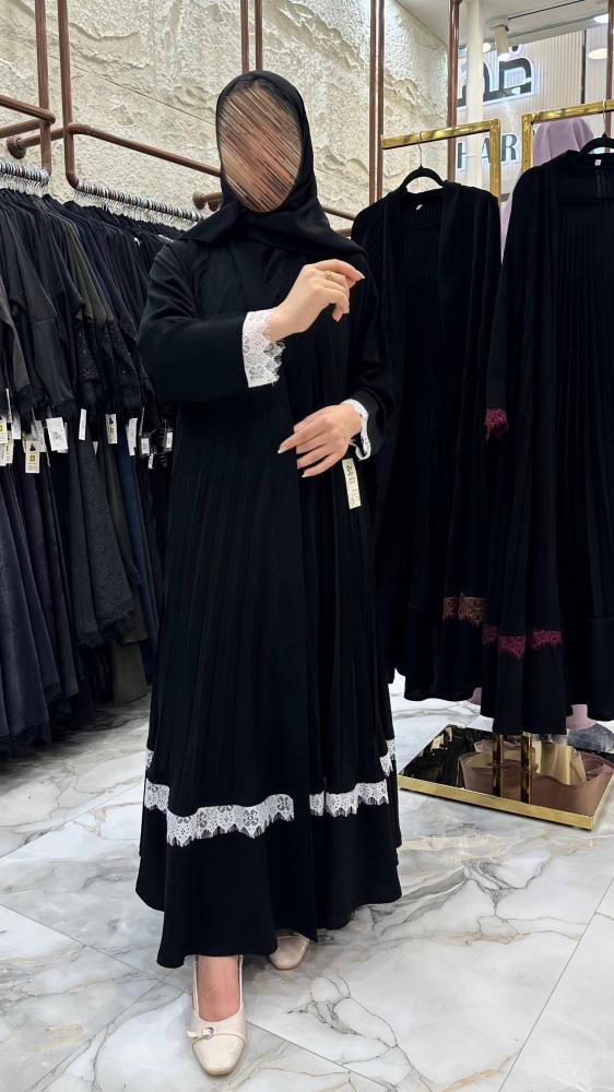 Ghla abaya double wide with royal fabric broken and lace trim for white color