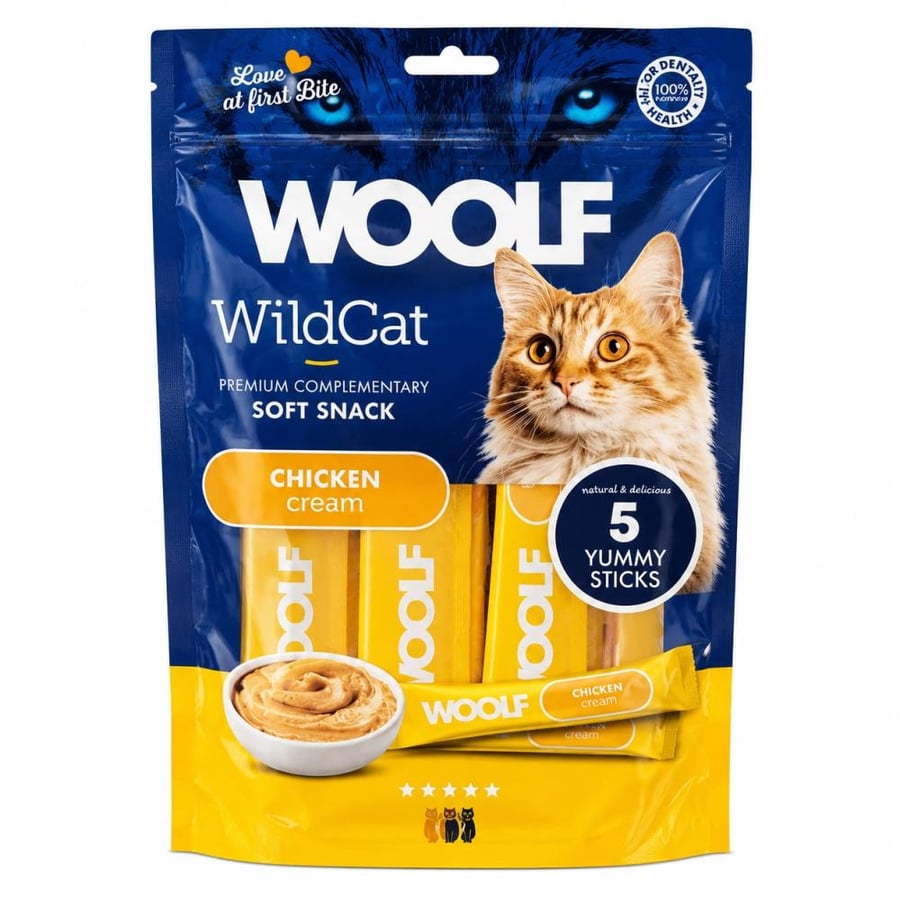 مكافآت WOOLF WildCat للقطط – أعواد طرية بكريمة الدجاج (5 أعواد)
