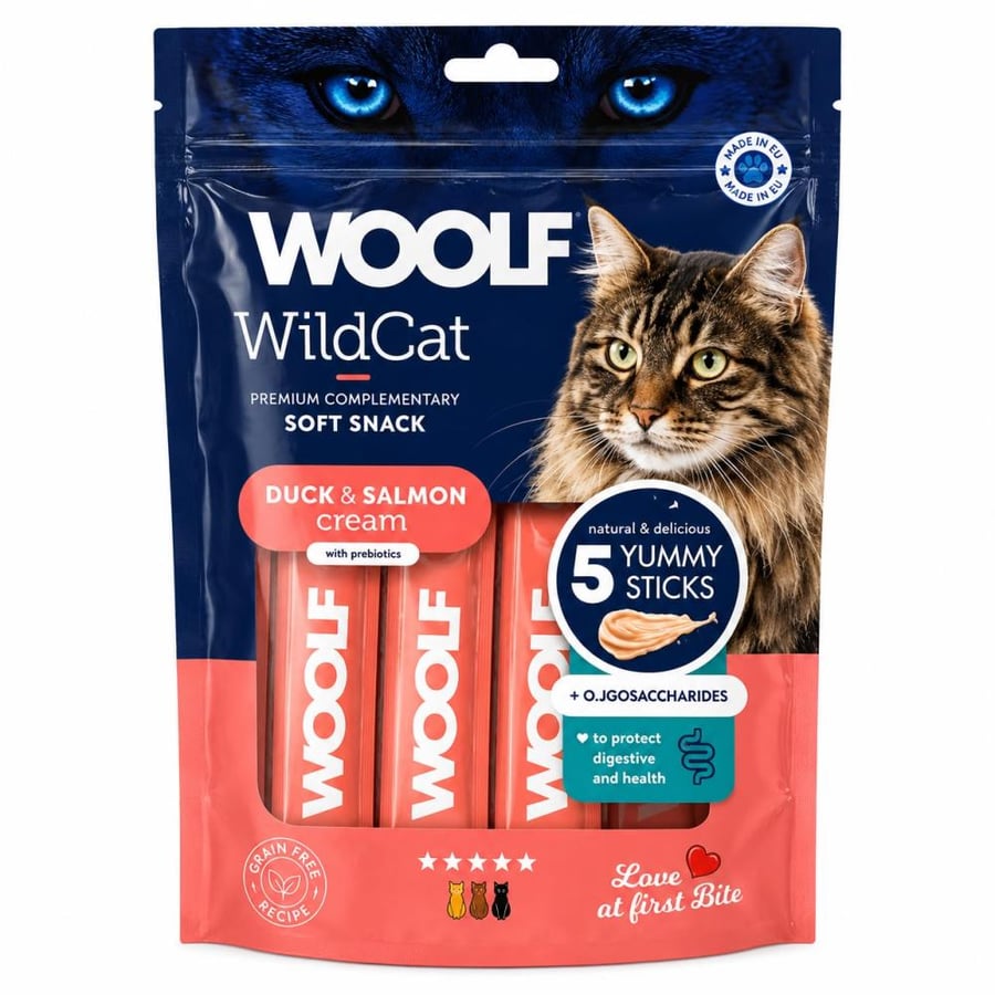 مكافآت WOOLF WildCat للقطط – أعواد طرية بكريمة البط والسلمون (5 أعواد)