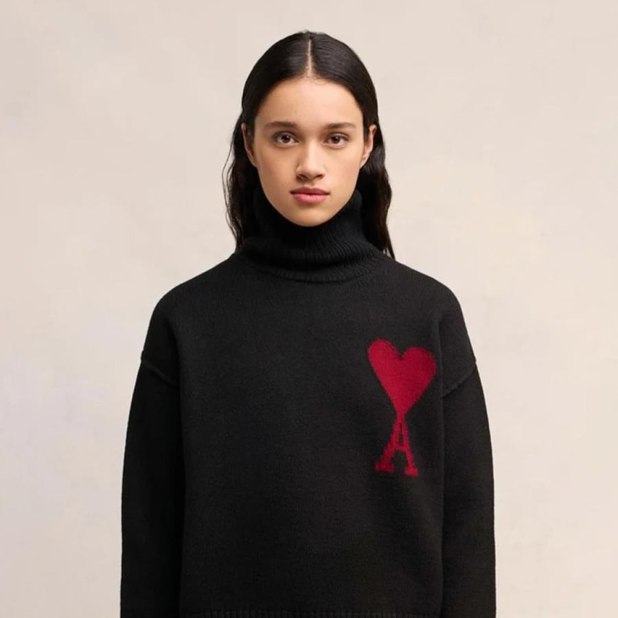 BLACK FUNELL NECK WOOL SWEATER WITH AMI DE COEUR
