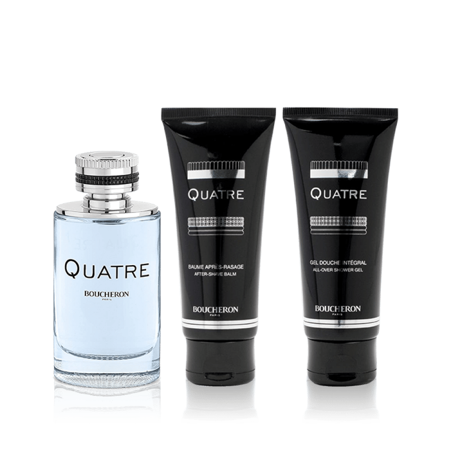 عطر كواتر بور أوم من بوشيرون طقم أو دو تواليت 100 مل + بلسم بعد الحلاقة 100 مل + جل استحمام 100 مل