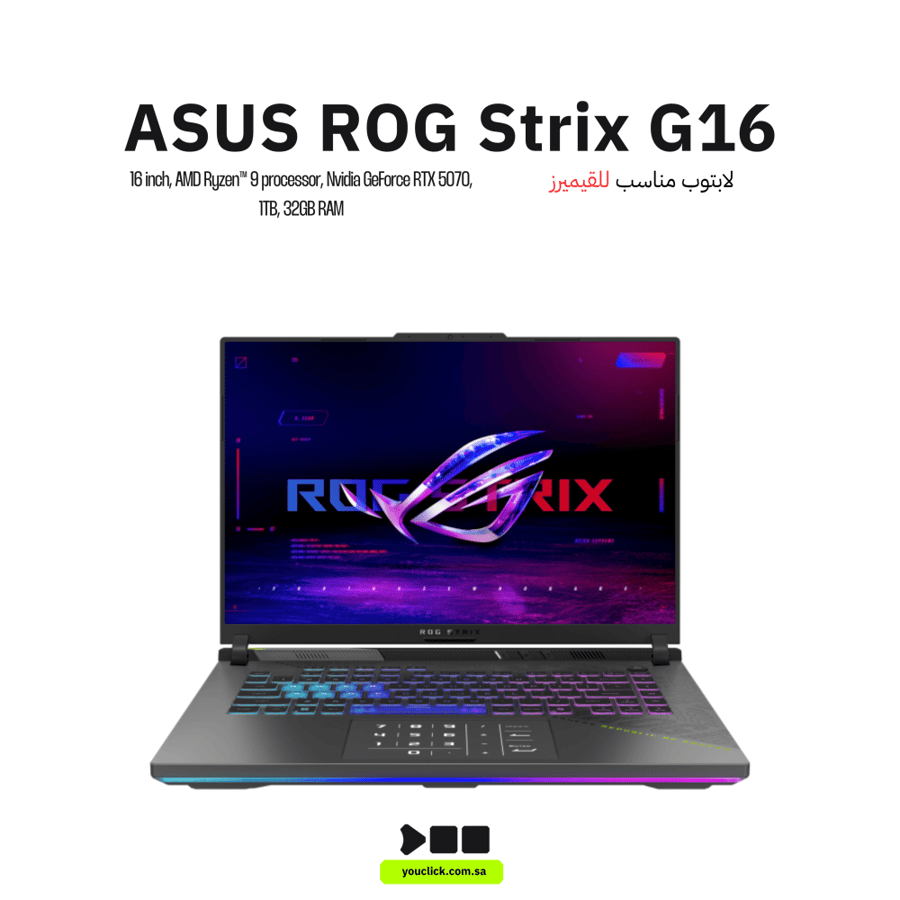 لابتوب ألعاب ASUS ROG Strix G16 G614FR-RV026، شاشة IPS مقاس 16 بوصة، معالج AMD Ryzen 9 9955HX، ذاكرة وصول عشوائي 32 جيجابايت، قرص صلب SSD بسعة 1 تيرابايت، بطاقة رسومات GeForce RTX 5070 Ti بسعة 12 جيجابايت، لوحة مفاتيح إنجليزية، لون رمادي إكليبس | 90NR0NK7