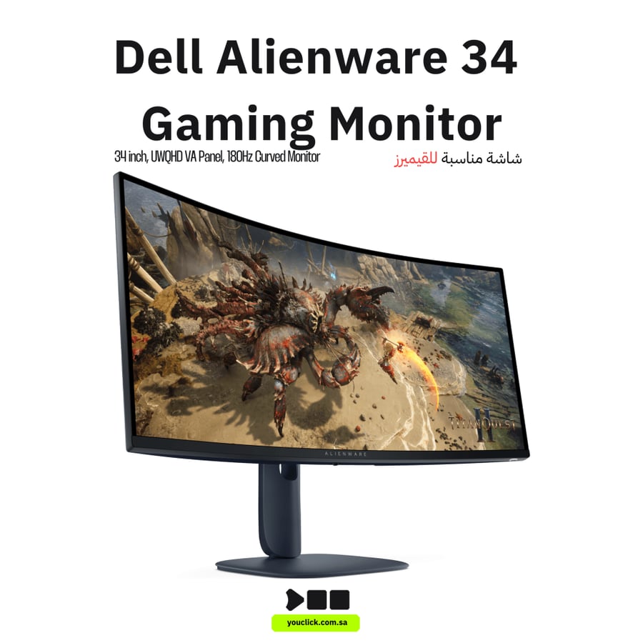 شاشة الألعاب Dell Alienware 34 AW3425DWM، شاشة VA مقاس 34 بوصة، دقة WQHD، معدل تحديث 180 هرتز، زمن استجابة 1 مللي ثانية (الوضع الفائق/Extreme Mode)، تقنيتا AMD FreeSync Premium وVESA AdaptiveSync، اللون الأسود.