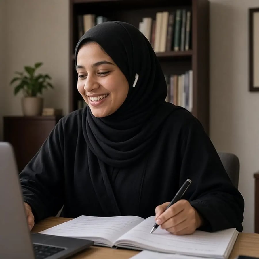شابة تحضر درس IC3 مباشرا عن بعد من مكتبها المنزلي وتؤشر في كراستها بابتسامة فخر