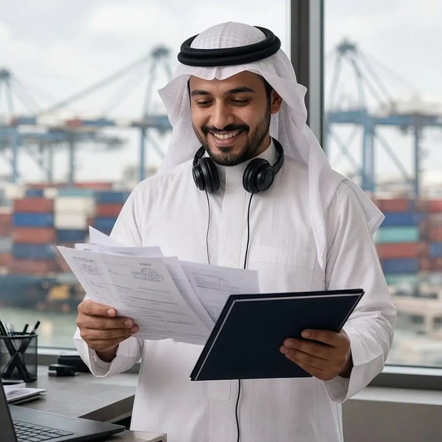 موظف تمويل تجاري يراجع مستندات شحن مختومة وملف التمويل التجاري قرب الميناء